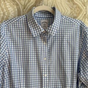 BROOKS BROTHERS womens 16 fitted Non Iron Button Front SHIRT Light Blue GINGHAM